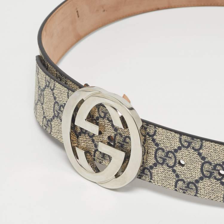 Pre Owned Gucci Navy Blue GG Supreme Canvas Interlocking G Buckle Belt 90CM