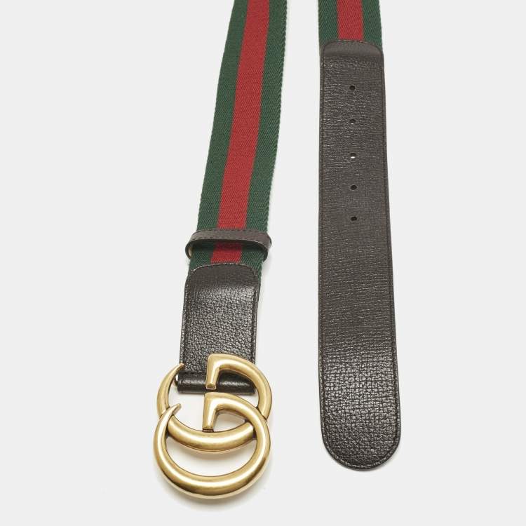 Pre Owned Gucci Red/Green Web Canvas and Leather GG Marmont Buckle Belt 70CM