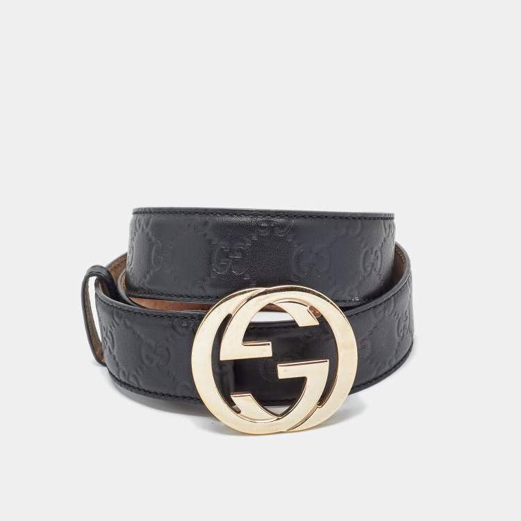 مملوكة مسبقًا Gucci Black Guccissima Leather Interlocking G Buckle Belt 100CM
