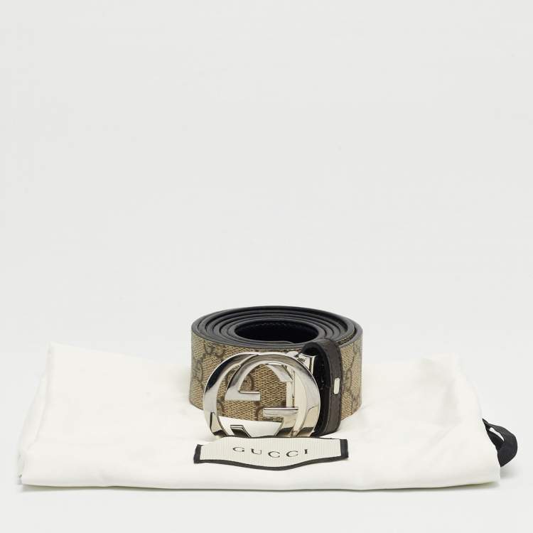 Pre Owned Gucci Beige/Black GG Supreme Canvas and Leather Interlocking G Reversible Belt 110CM