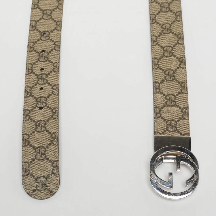 Pre Owned Gucci Beige/Black GG Supreme Canvas and Leather Interlocking G Reversible Belt 110CM