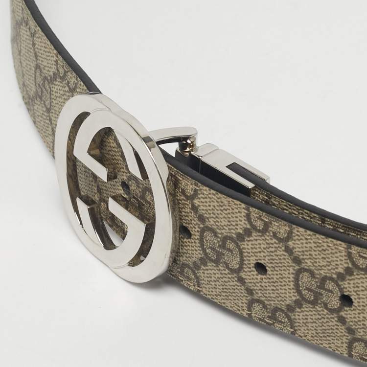 Pre Owned Gucci Beige/Black GG Supreme Canvas and Leather Interlocking G Reversible Belt 110CM