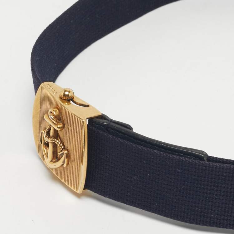 Pre Owned Gucci Navy Blue Canvas and Leather Anchor Buckle Belt 100CM