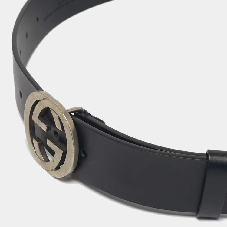Pre Owned Gucci Black Leather Interlocking G Buckle Belt 85CM