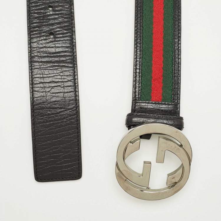 Pre Owned Gucci Black Web Canvas and Leather Interlocking G Belt 110CM