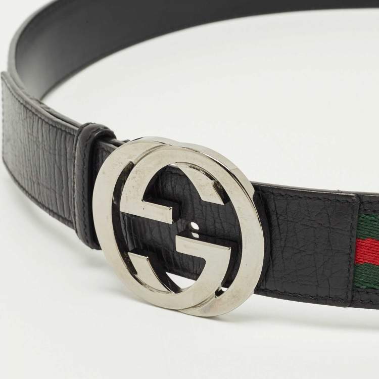 Pre Owned Gucci Black Web Canvas and Leather Interlocking G Belt 110CM