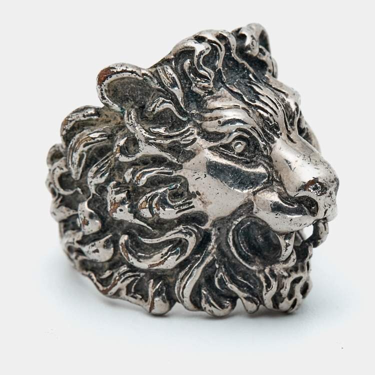 Pre Owned خاتم غوتشي فضة بنقش رأس أسد مقاس 59