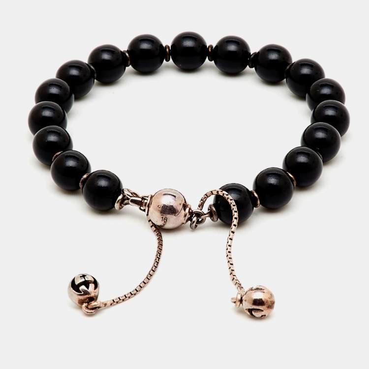 Pre Owned Gucci Boule Britt Black Beads Sterling Silver Bracelet 16