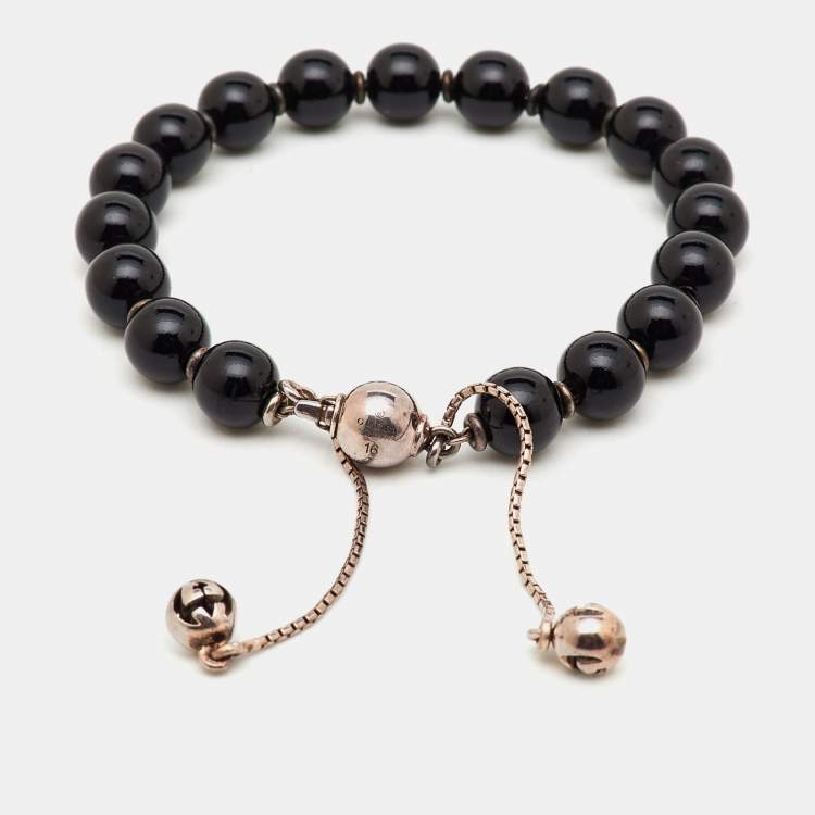 Pre Owned Gucci Boule Britt Black Beads Sterling Silver Bracelet 16