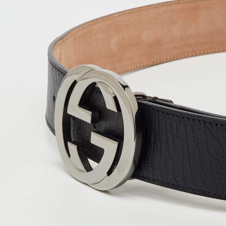 Pre Owned Gucci Black Leather and Web Interlocking G Buckle Belt 85CM