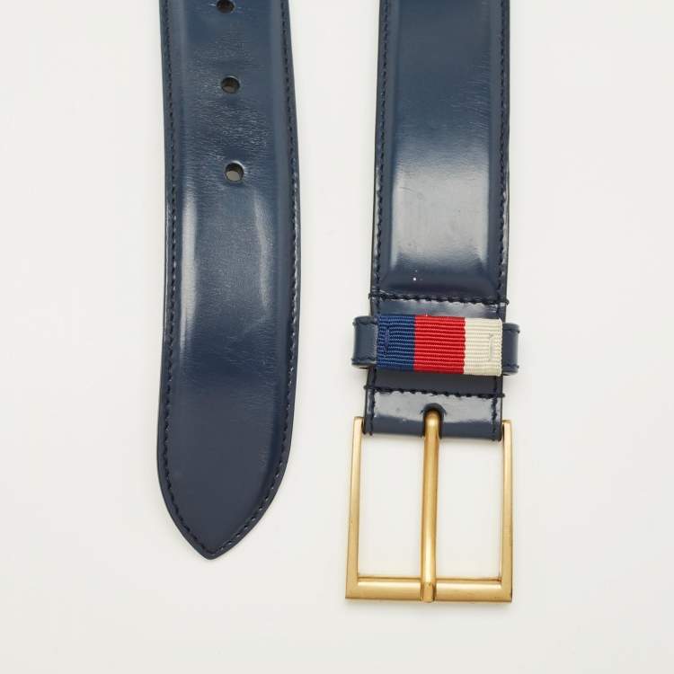Pre Owned Gucci Navy Blue Leather Web Buckle Belt 90CM