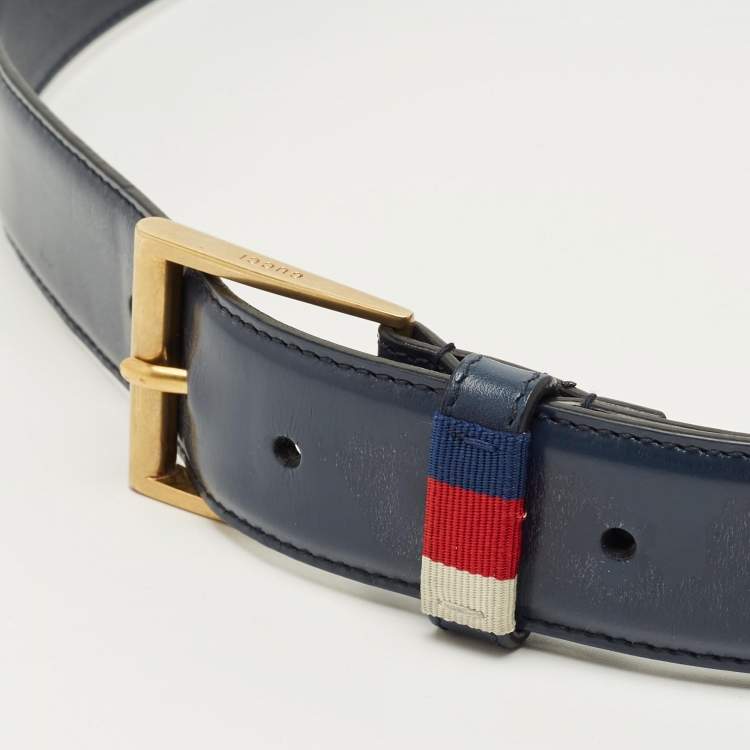 Pre Owned Gucci Navy Blue Leather Web Buckle Belt 90CM