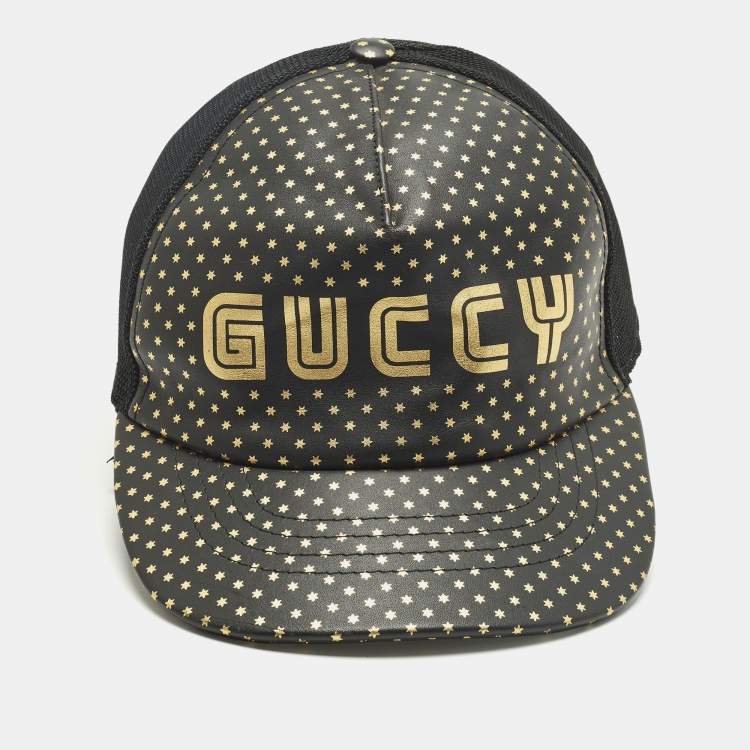 Pre Owned Gucci Black Guccy Stars Leather and Mesh Tucker Cap M