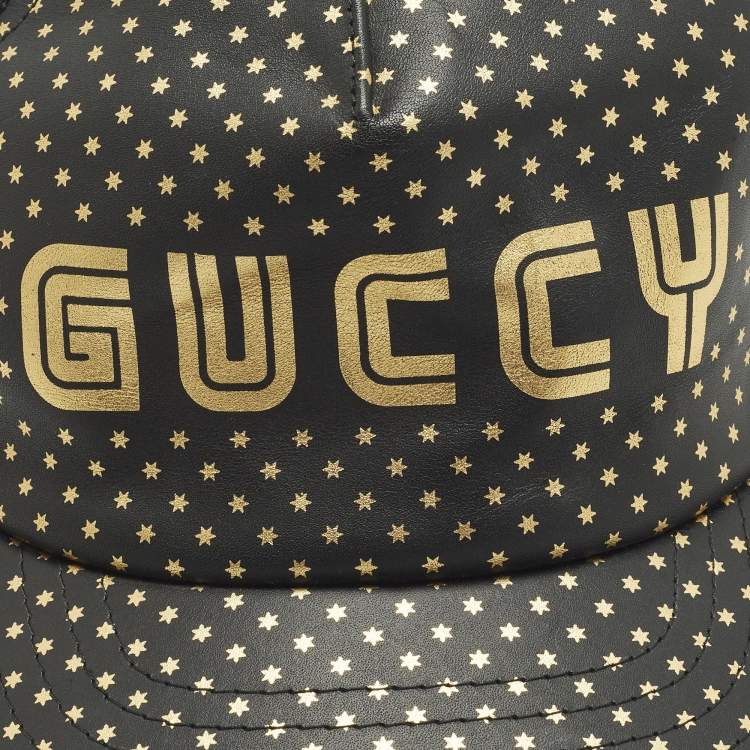 Pre Owned Gucci Black Guccy Stars Leather and Mesh Tucker Cap M