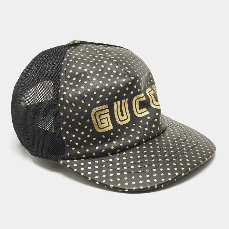 Pre Owned Gucci Black Guccy Stars Leather and Mesh Tucker Cap M