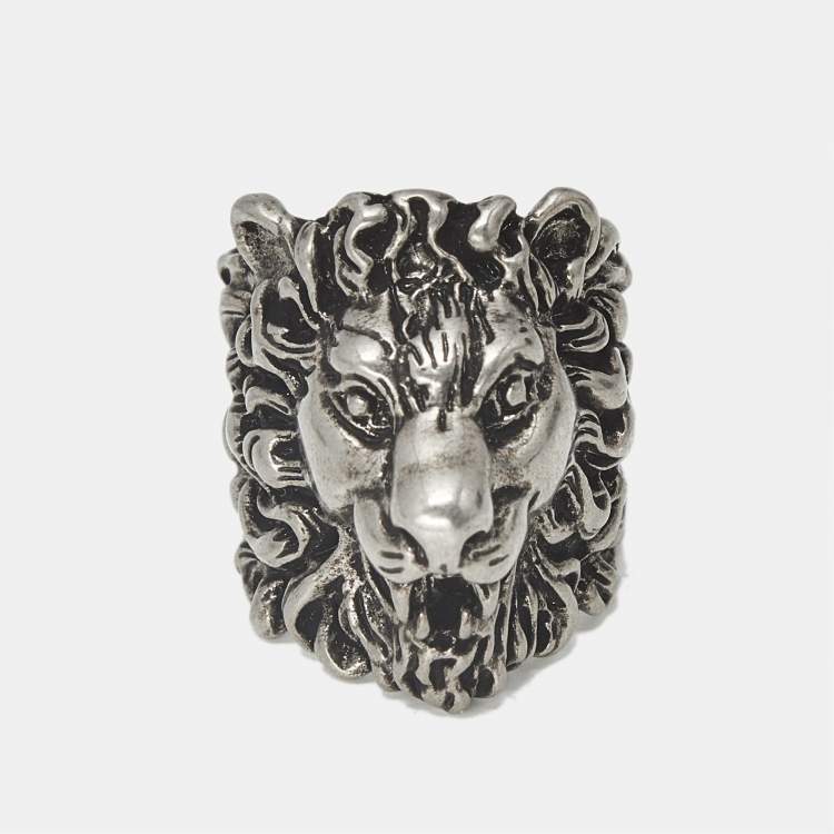 Pre Owned Gucci Lion Head Motif Silver Tone Ring Size 55