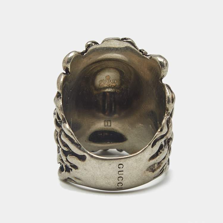 Pre Owned Gucci Lion Head Motif Silver Tone Ring Size 55