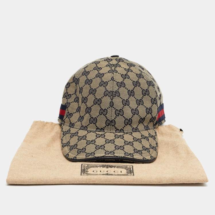 Pre Owned Gucci Beige/Blue Original GG Canvas Web Detail Baseball Cap XL