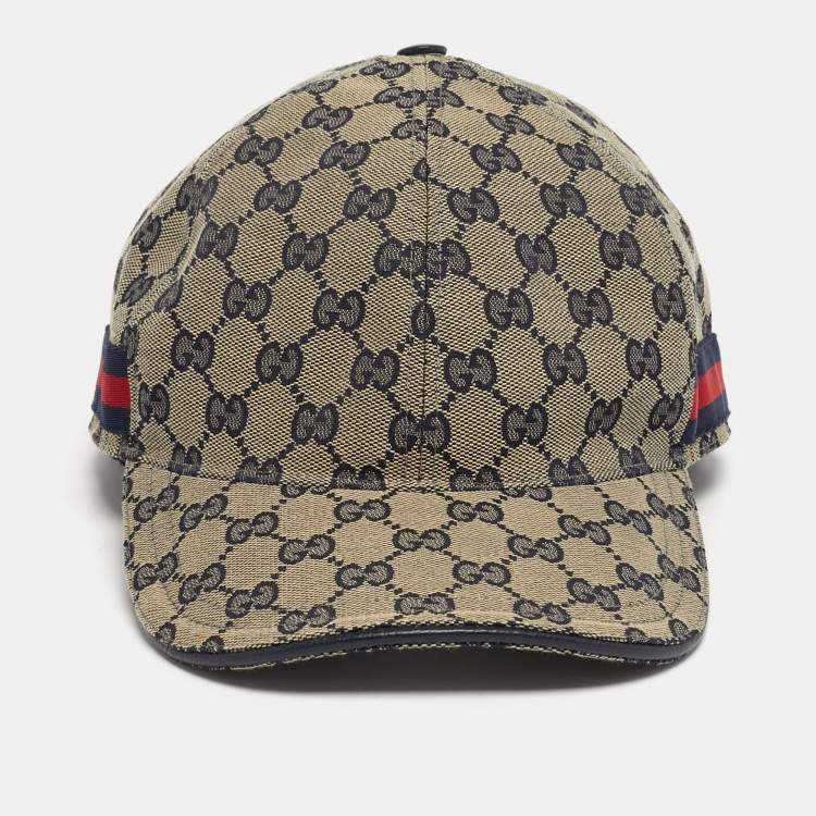 Pre Owned Gucci Beige/Blue Original GG Canvas Web Detail Baseball Cap XL