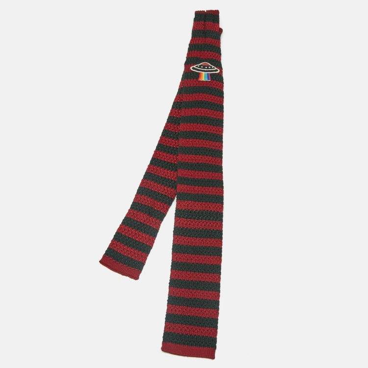 Pre Owned Gucci Red/Green UFO Patch Striped Silk Knit Tie