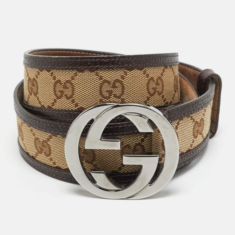 Pre Owned Gucci Interlocking G 95 CM Buckle Belt Beige/Brown GG Canvas and Leather
