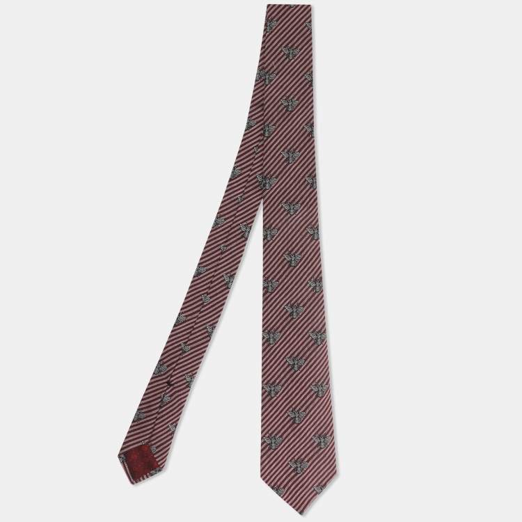 Pre Owned Gucci Red Stripe Bee Motif Silk and Cotton Tie