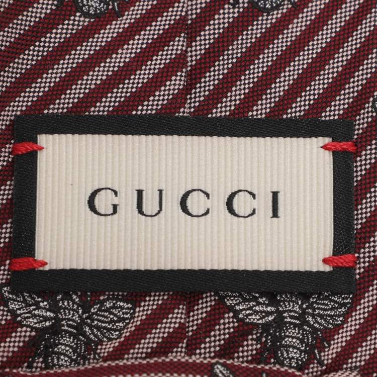 Pre Owned Gucci Red Stripe Bee Motif Silk and Cotton Tie