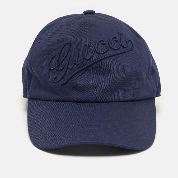 Pre Owned Gucci Navy Blue Logo Embroidered Cotton Baseball Cap M/58 cm