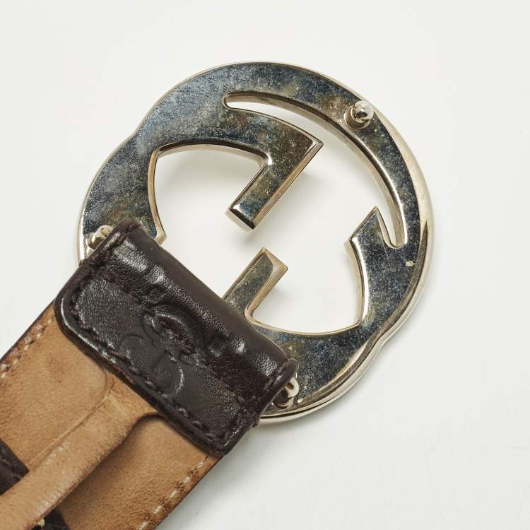 Pre Owned Gucci Interlocking G 85 CM Buckle Belt Brown Guccissima Leather
