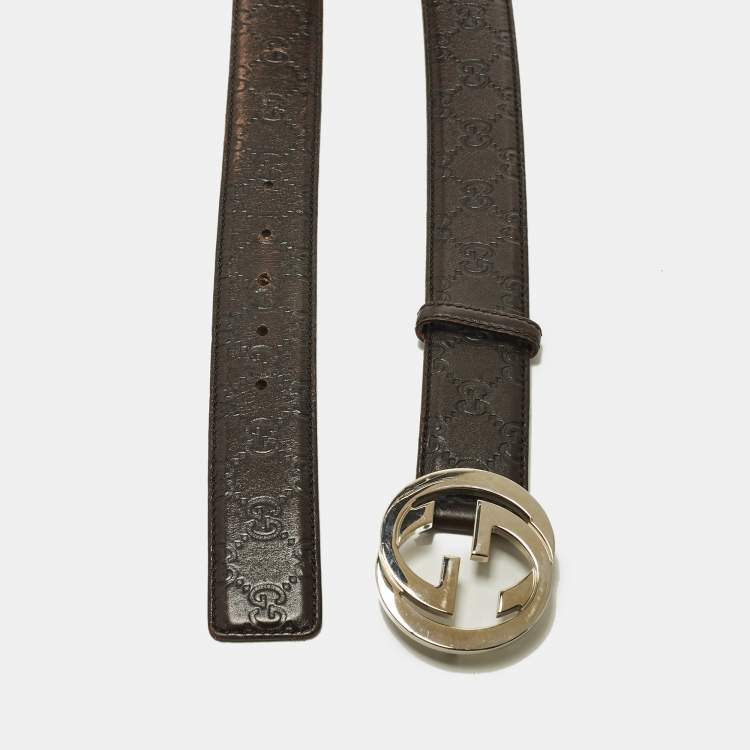 Pre Owned Gucci Interlocking G 85 CM Buckle Belt Brown Guccissima Leather