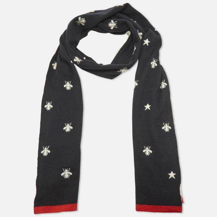 Pre Owned Gucci Navy Blue Wool Bee and Star Muffler 