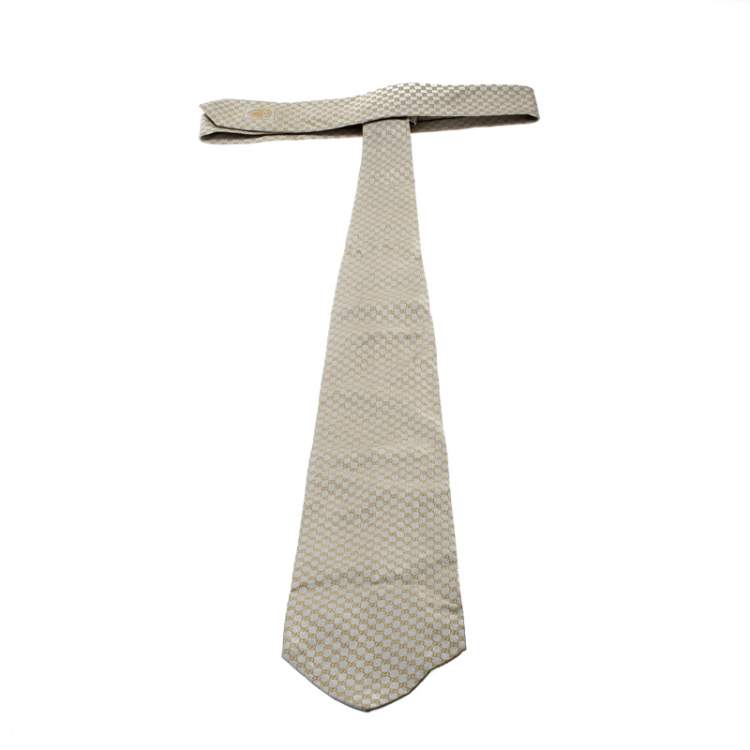 Pre Owned Gucci Vintage Grey GG Pattern Silk Jacquard Traditional Tie