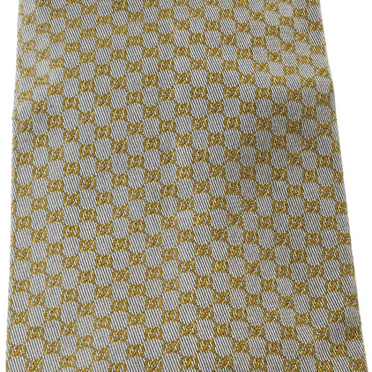 Pre Owned Gucci Vintage Grey GG Pattern Silk Jacquard Traditional Tie