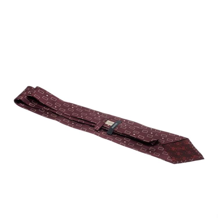 Pre Owned Gucci Burgundy Silk Rectangle Box Pattern Tie 