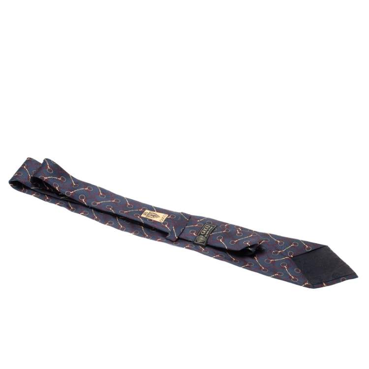 مملوكة مسبقًا Gucci Navy Blue Silk Equestrian Snaffle Bit Print Tie 
