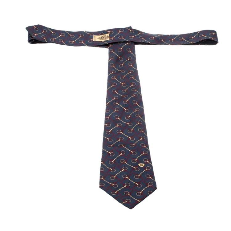 مملوكة مسبقًا Gucci Navy Blue Silk Equestrian Snaffle Bit Print Tie 