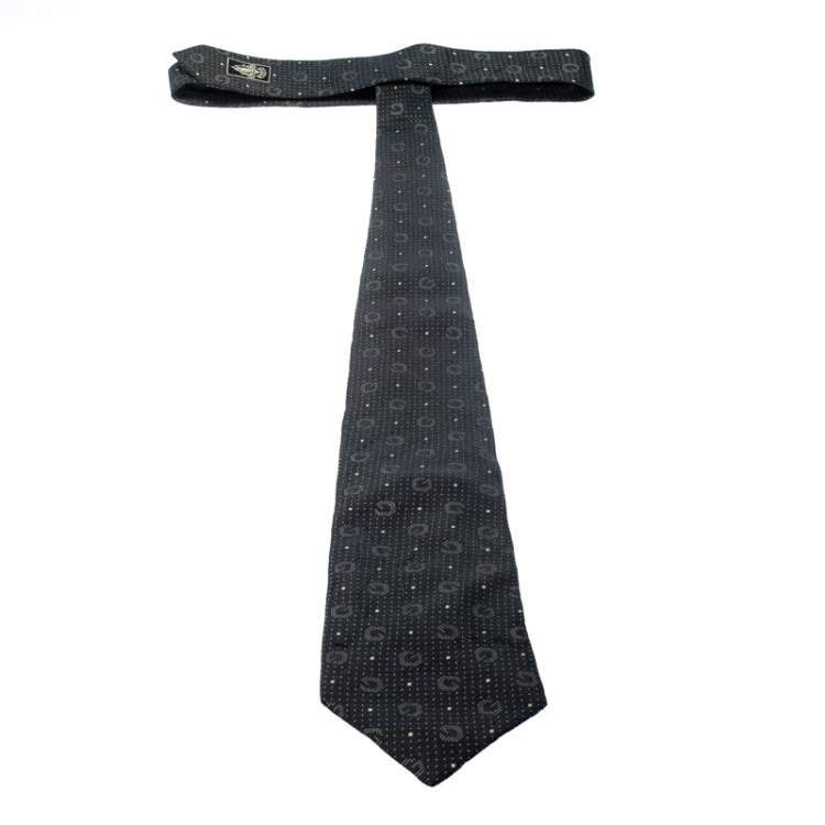 Pre Owned Gucci Black and Gold Pin Dot Logo Pattern Silk Jacquard Tie 