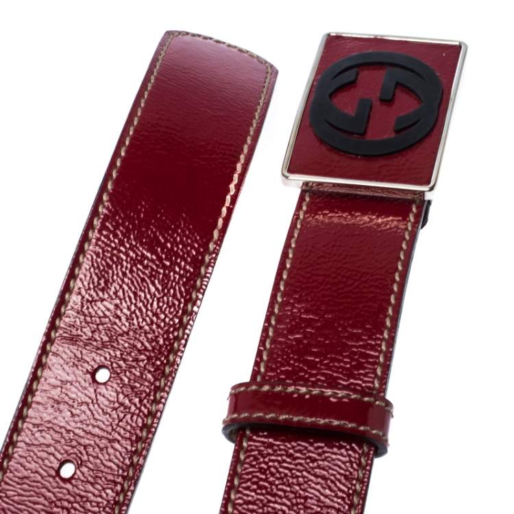 Pre Owned Gucci Red Patent Leather GG Plaque Belt 80CM