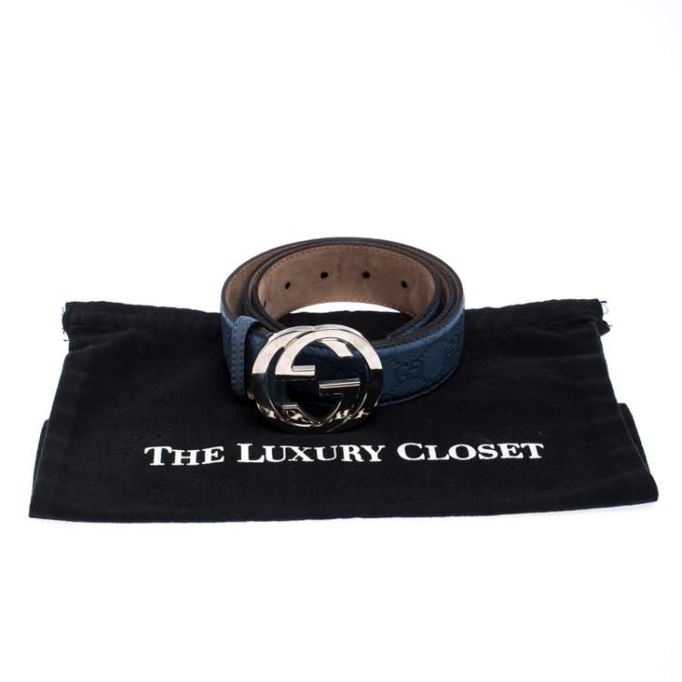 Pre Owned Gucci Light Blue Guccissima Leather Interlocking G-Buckle Belt 90CM