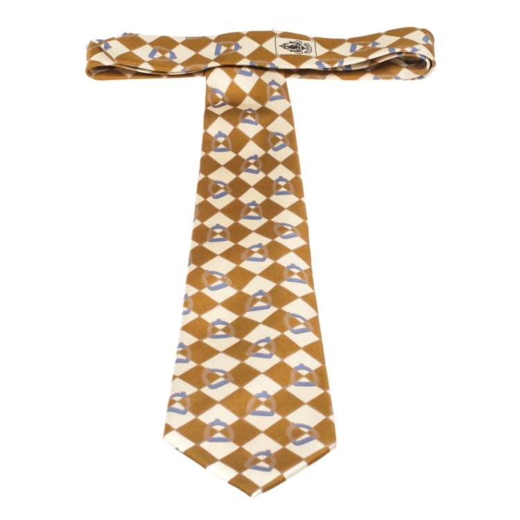 Pre Owned Gucci Vintage Bronze Gold Stirrup Print Silk Tie