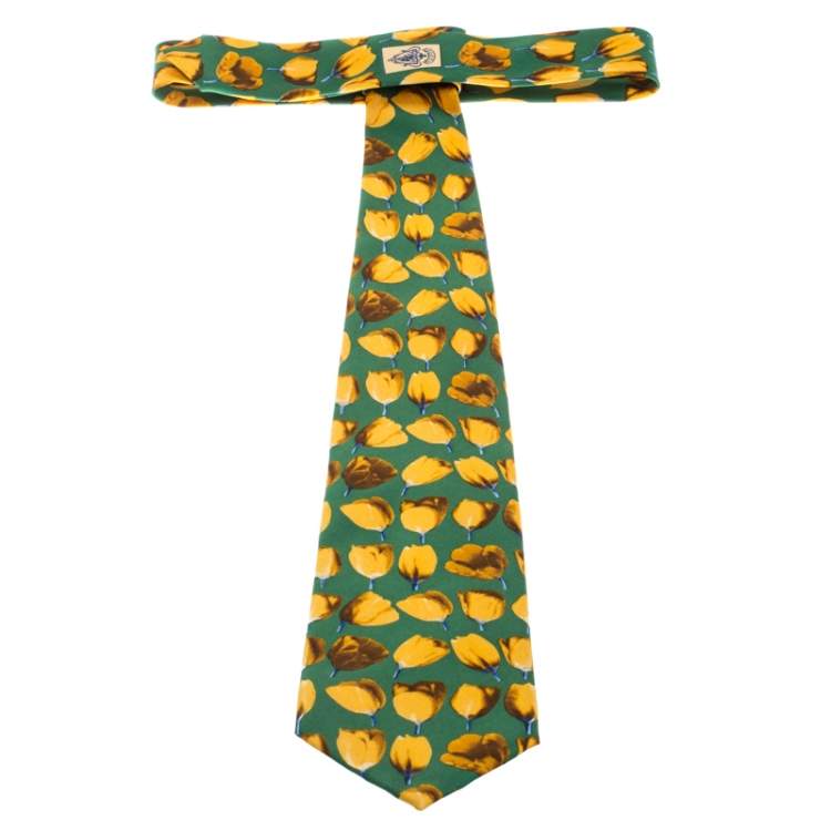 مملوكة مسبقًا Gucci Vinatge Green and Yellow Floral Print Silk Tie