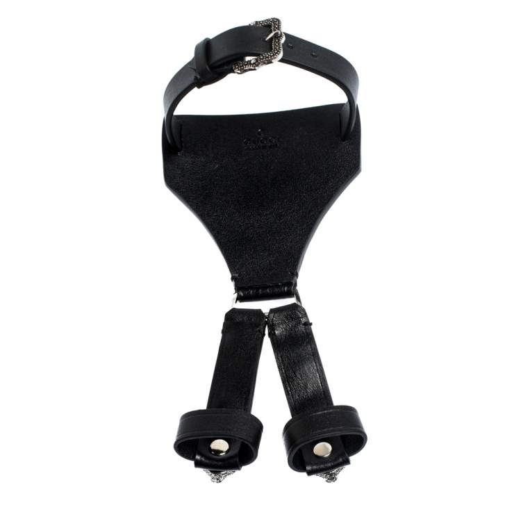 Pre Owned Gucci Feline Head Studded Black Leather Silver Tone Hand Harness Finger Ring Cuff Bracelet L