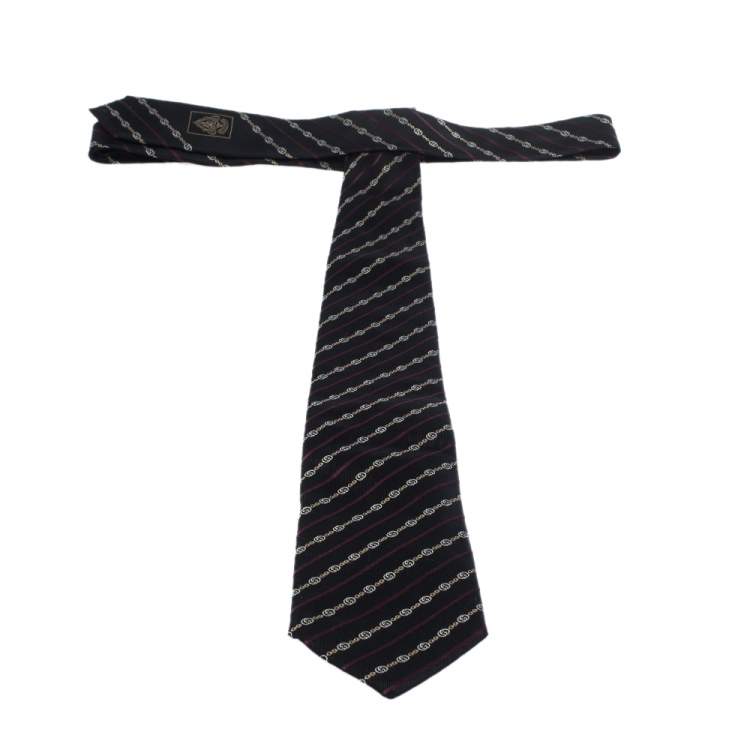 Pre Owned Gucci Black Diagonal Striped Monogram Jacquard Silk Tie