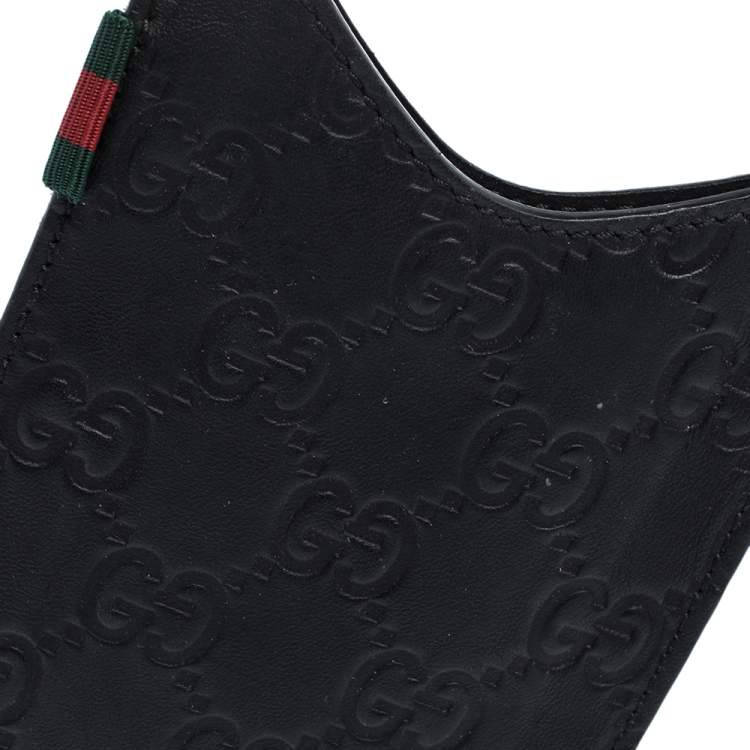 Pre Owned Gucci Black Guccissima Leather Web Phone Case