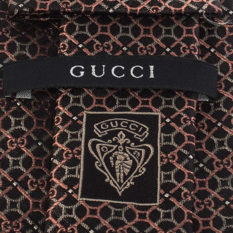 Pre Owned Gucci Brown Monogram Patterned Jacquard Silk Tie