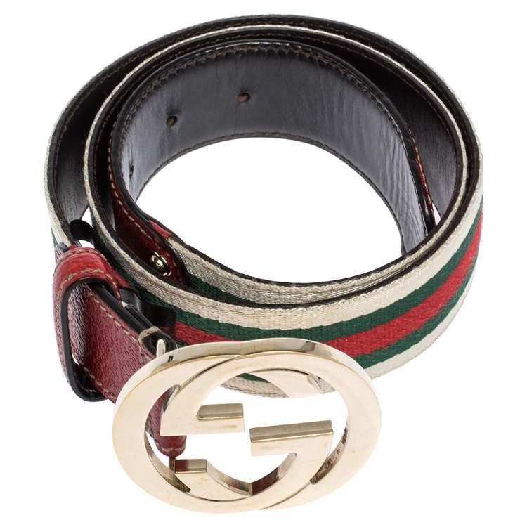 Pre Owned Gucci Red Web Canvas and Leather Interlocking GG Buckle Belt 80CM