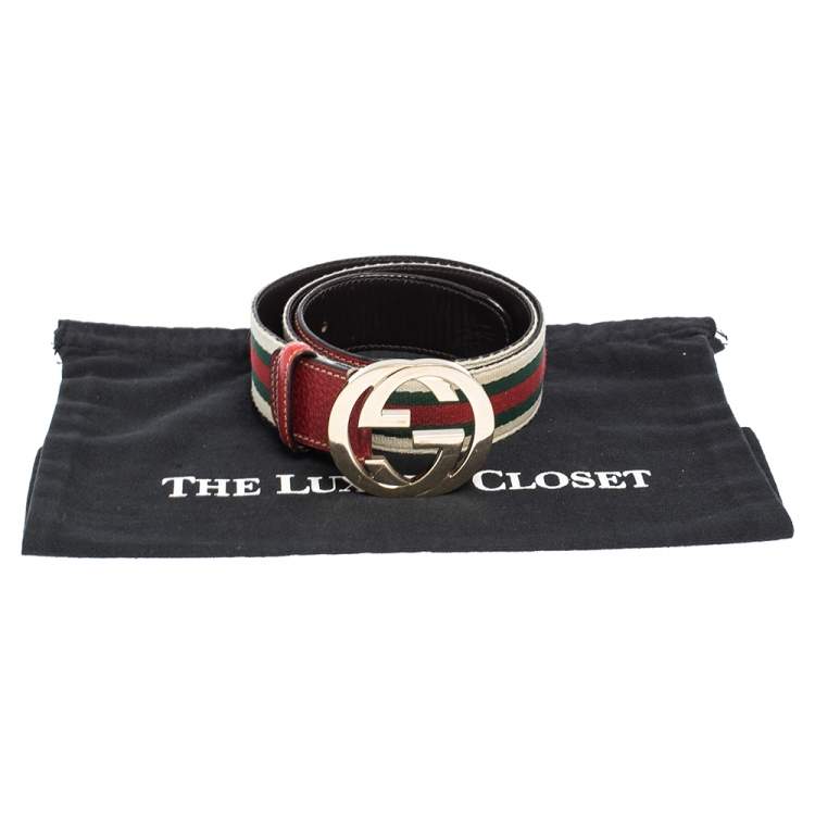 Pre Owned Gucci Red Web Canvas and Leather Interlocking GG Buckle Belt 80CM