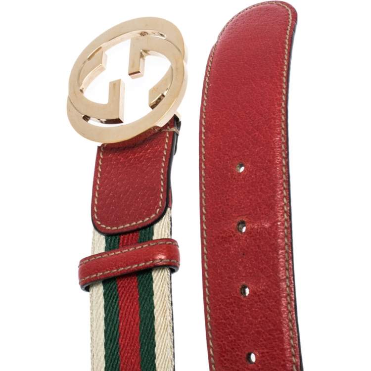 Pre Owned Gucci Red Web Canvas and Leather Interlocking GG Buckle Belt 80CM