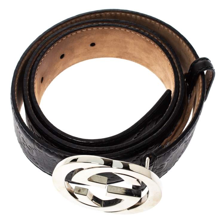 Pre Owned Gucci Black Guccissima Leather Interlocking G Buckle Belt 95CM
