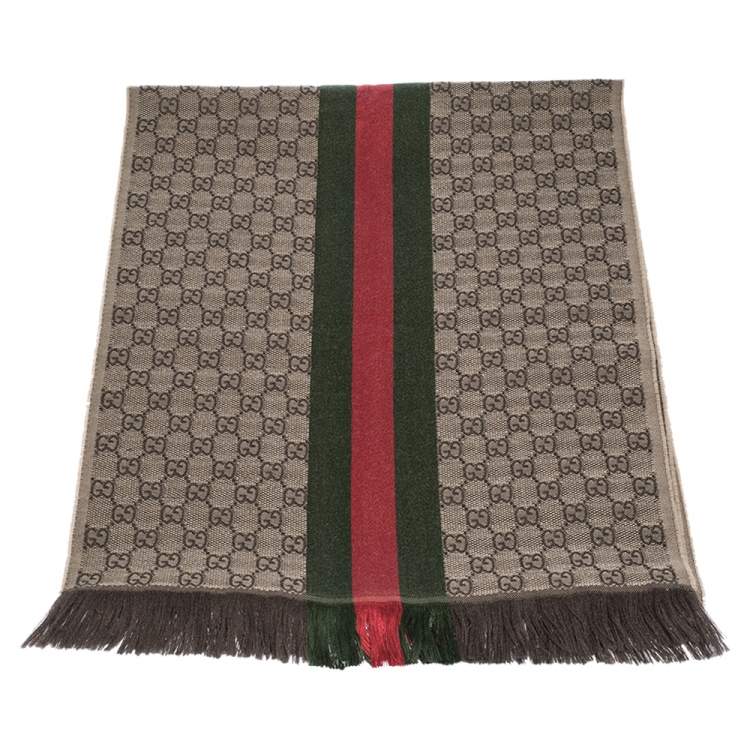 Gucci Brown Web Striped GG Jacquard Knit Wool & Silk Scarf Gucci